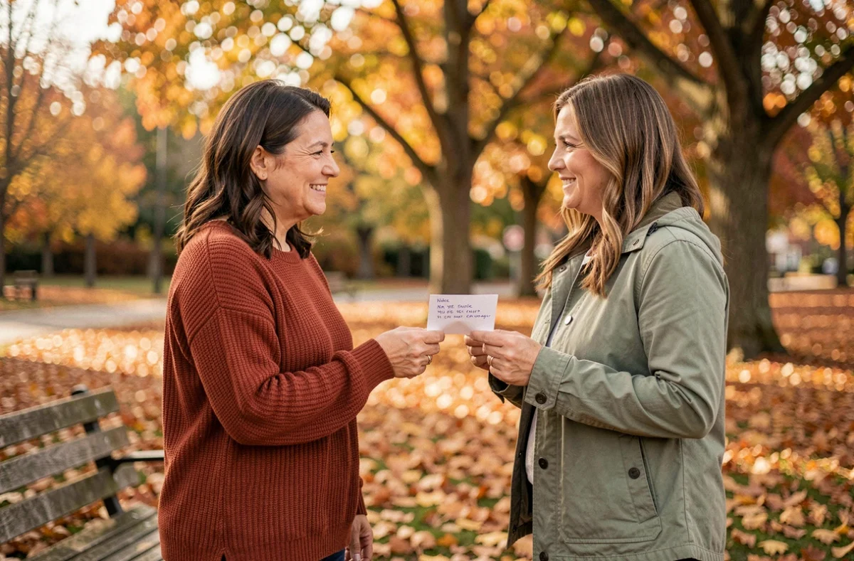 Deux femmes échangeant une carte de remerciement dans un parc en automne avec des feuilles dorées