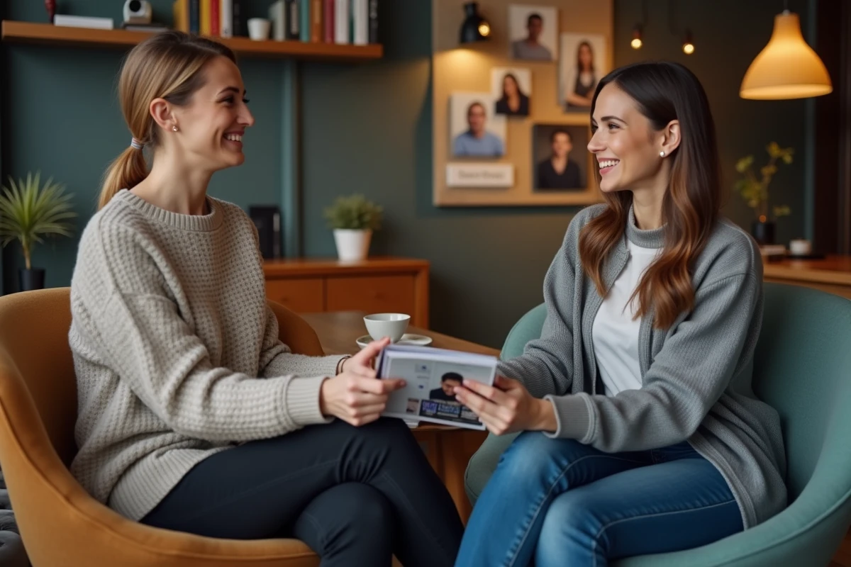 Femme offrant un magazine à un collègue dans un espace de travail