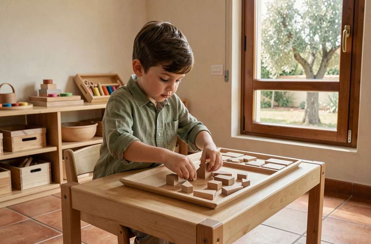 Jeune enfant en activité Montessori avec du matériel en bois à l'École Montessori Internationale de Nice