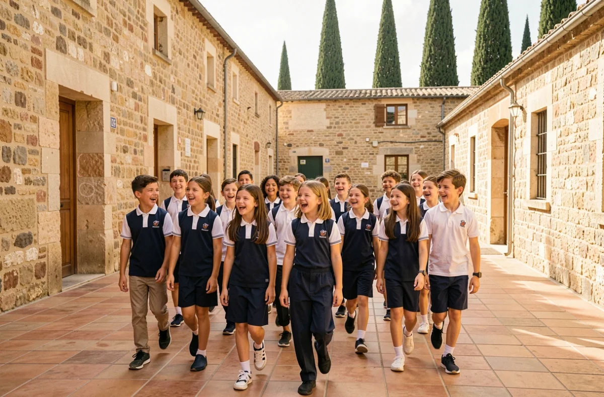 Groupe d'enfants en uniforme scolaire marchant dans une cour d'école bilingue en Provence-Alpes-Côte d'Azur