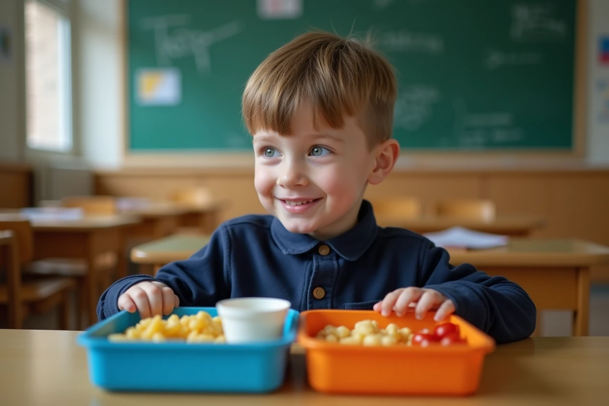 Écolier mangeant un repas fait maison apporté de chez lui pendant la grève de la cantine scolaire