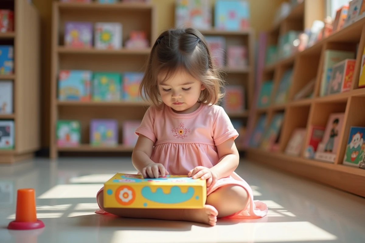 Petite fille de 4 ans découvrant un jeu d'éveil coloré dans le rayon jouets d'un magasin