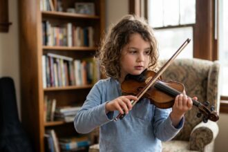 Jeune fille tenant un petit violon 1/4 sous le menton dans un salon chaleureux, initiation au violon pour enfant