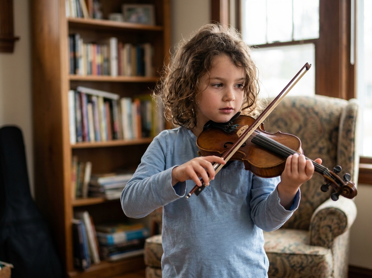 Jeune fille tenant un petit violon 1/4 sous le menton dans un salon chaleureux, initiation au violon pour enfant