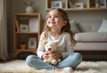 Jeune fille curieuse en jeans pastel dans un salon