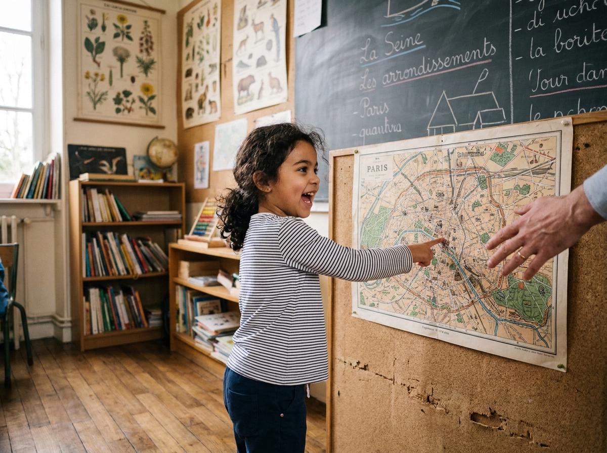 Jeune fille découvrant la carte de Paris lors d'un atelier éducatif pendant les vacances scolaires