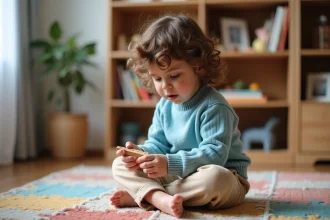 Jeune fille de trois ans avec cheveux bouclés joue avec un puzzle dans le salon
