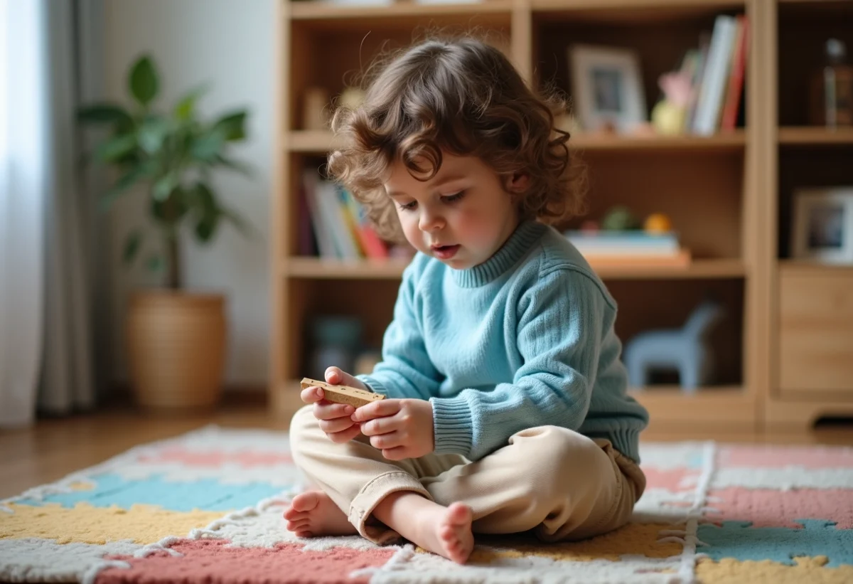 Jeune fille de trois ans avec cheveux bouclés joue avec un puzzle dans le salon