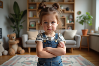 Petite fille de trois ans avec une attitude rebelle dans un salon familial