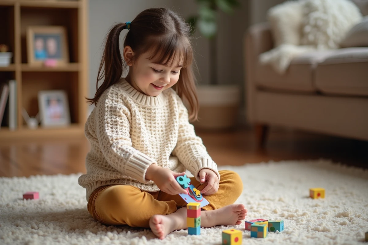 Jeune fille de trois ans avec pull pastel et pantalon en velours, jouant avec un puzzle en bois dans un salon chaleureux
