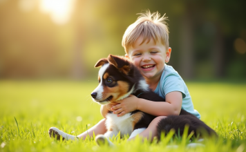 Enfant heureux avec un chiot australien dans l'herbe