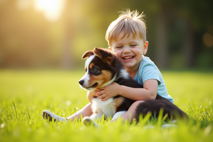 Enfant heureux avec un chiot australien dans l'herbe
