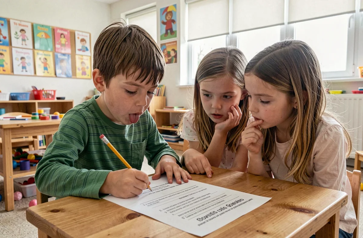 Enfant remplissant un quiz éducatif sur la prévention des poux dans une salle d'activités de centre de loisirs