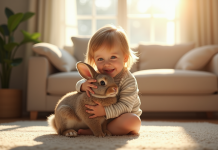Jeune enfant dans un salon lumineux avec un lapin joueur