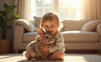 Les animaux en R, de vrais compagnons pour vos enfants Jeune enfant dans un salon lumineux avec un lapin joueur