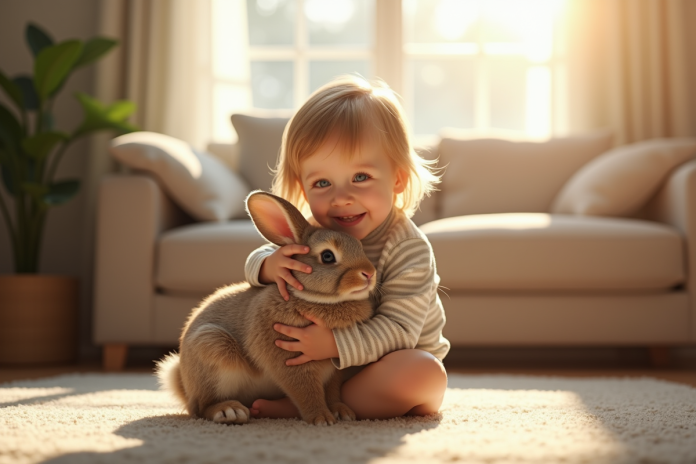 Jeune enfant dans un salon lumineux avec un lapin joueur