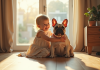 Enfant souriant avec un bulldog français dans un salon lumineux
