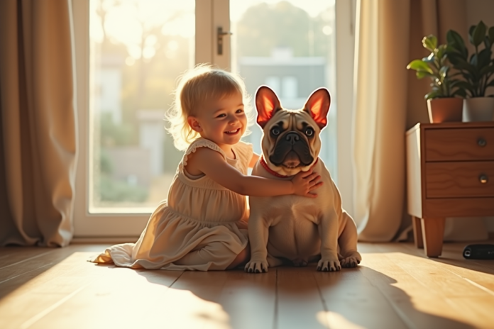 Enfant souriant avec un bulldog français dans un salon lumineux