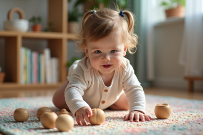 Petite fille de 18 mois rampe sur un tapis coloré avec jouets Montessori