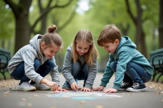 Enfants de 7 à 11 ans dessinant à la craie dans un jardin public parisien lors d'une activité gratuite en plein air