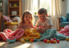 Deux enfants construisent une cabane colorée dans le salon