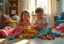 Deux enfants construisent une cabane colorée dans le salon