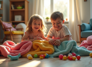 Deux enfants construisent une cabane colorée dans le salon