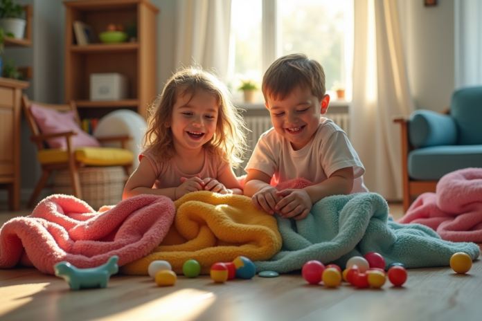 Deux enfants construisent une cabane colorée dans le salon