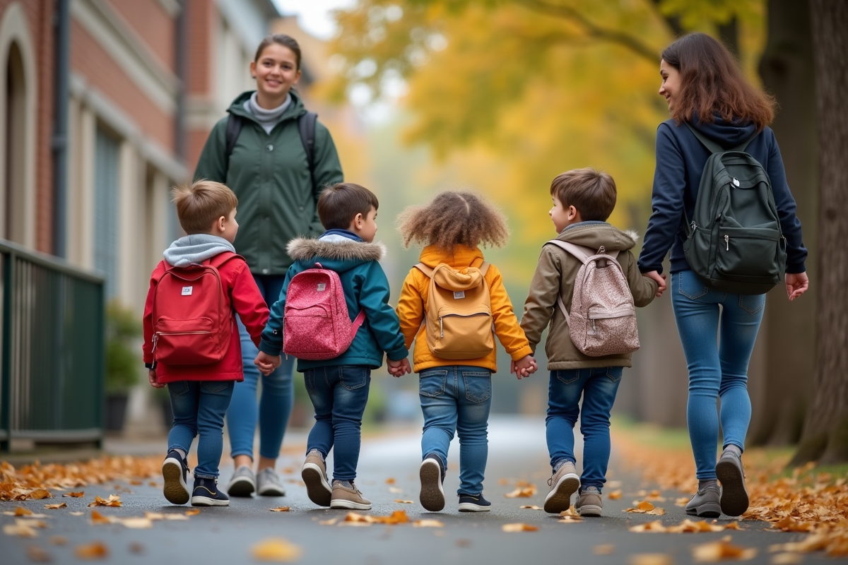 Groupe d enfants avec leur professeur marchant devant l école