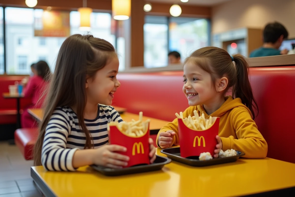Deux enfants souriants mangeant un Happy Meal dans un restaurant fast-food lors d'une sortie du mercredi