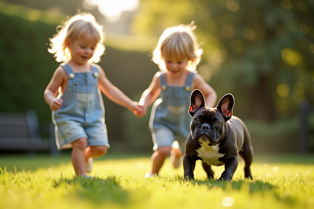 Deux enfants jouent dans le jardin avec un bulldog français