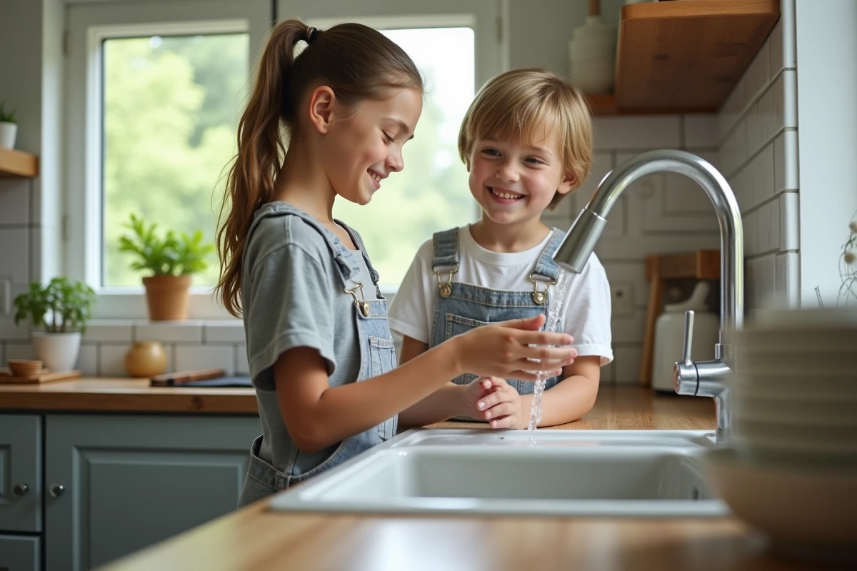 Adolescente et frère qui font la vaisselle dans la cuisine