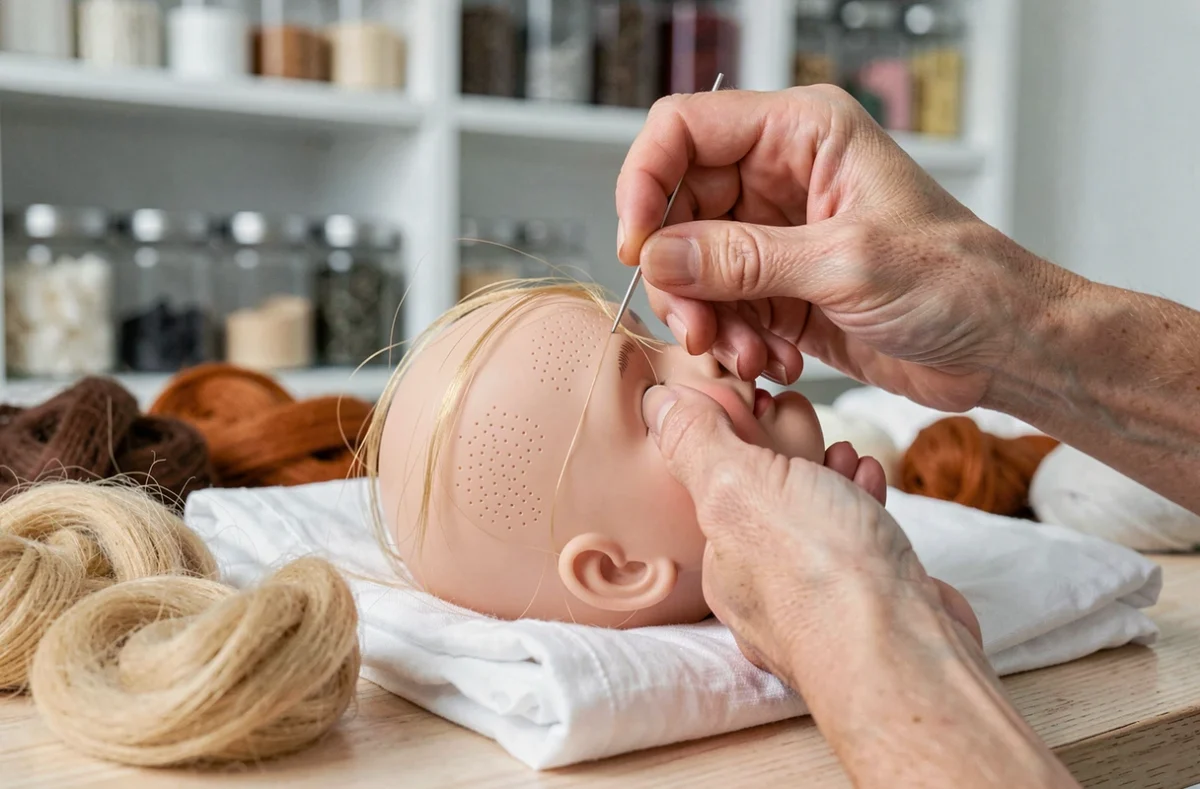 Gros plan sur l'enracinement de cheveux en mohair sur une poupée reborn artisanale
