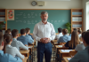 Professeur calme face à des lycéens attentifs en classe moderne