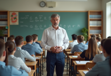 Professeur calme face à des lycéens attentifs en classe moderne