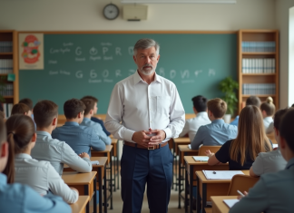 Discipline en classe : comment l’enseignant maintient l’ordre et la rigueur ? Professeur calme face à des lycéens attentifs en classe moderne