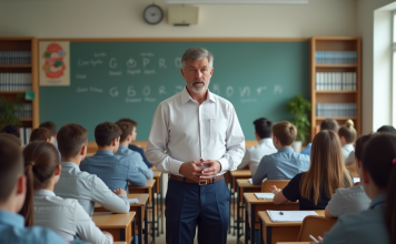 Discipline en classe : comment l’enseignant maintient l’ordre et la rigueur ? Professeur calme face à des lycéens attentifs en classe moderne