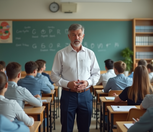 Professeur calme face à des lycéens attentifs en classe moderne