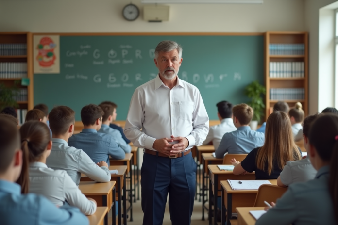 enseignant-lyceens-salle-de-classe Professeur calme face à des lycéens attentifs en classe moderne