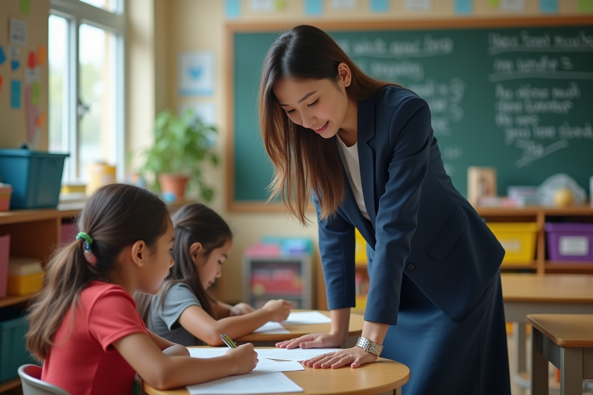 Jeune enseignante aidant un élève dans une classe colorée