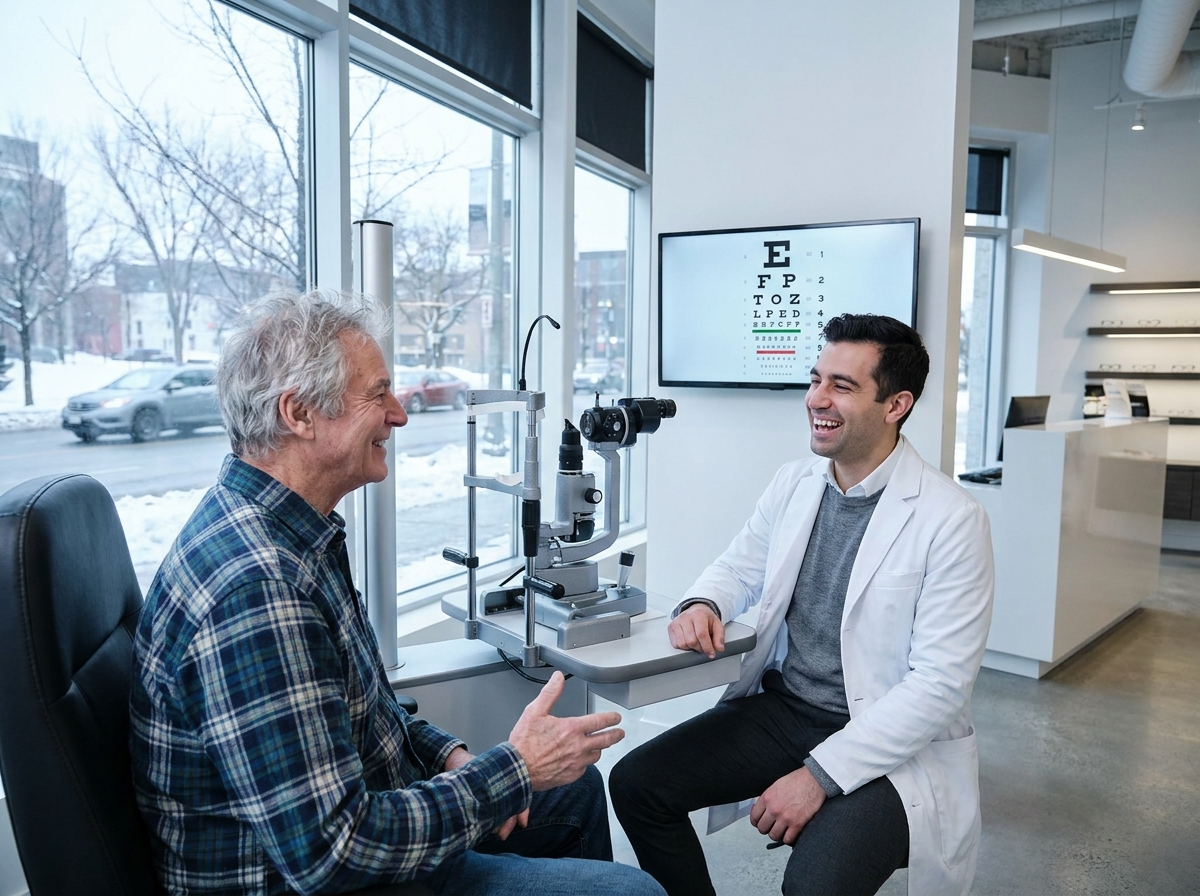 Grand-père passant un examen de vue chez un opticien moderne avant les fêtes de fin d'année