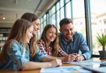Famille heureuse à l'agence de voyage avec brochures