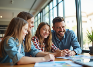 Les subventions de la CAF pour les vacances : comment les obtenir ? Famille heureuse à l'agence de voyage avec brochures