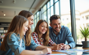 Les subventions de la CAF pour les vacances : comment les obtenir ? Famille heureuse à l'agence de voyage avec brochures