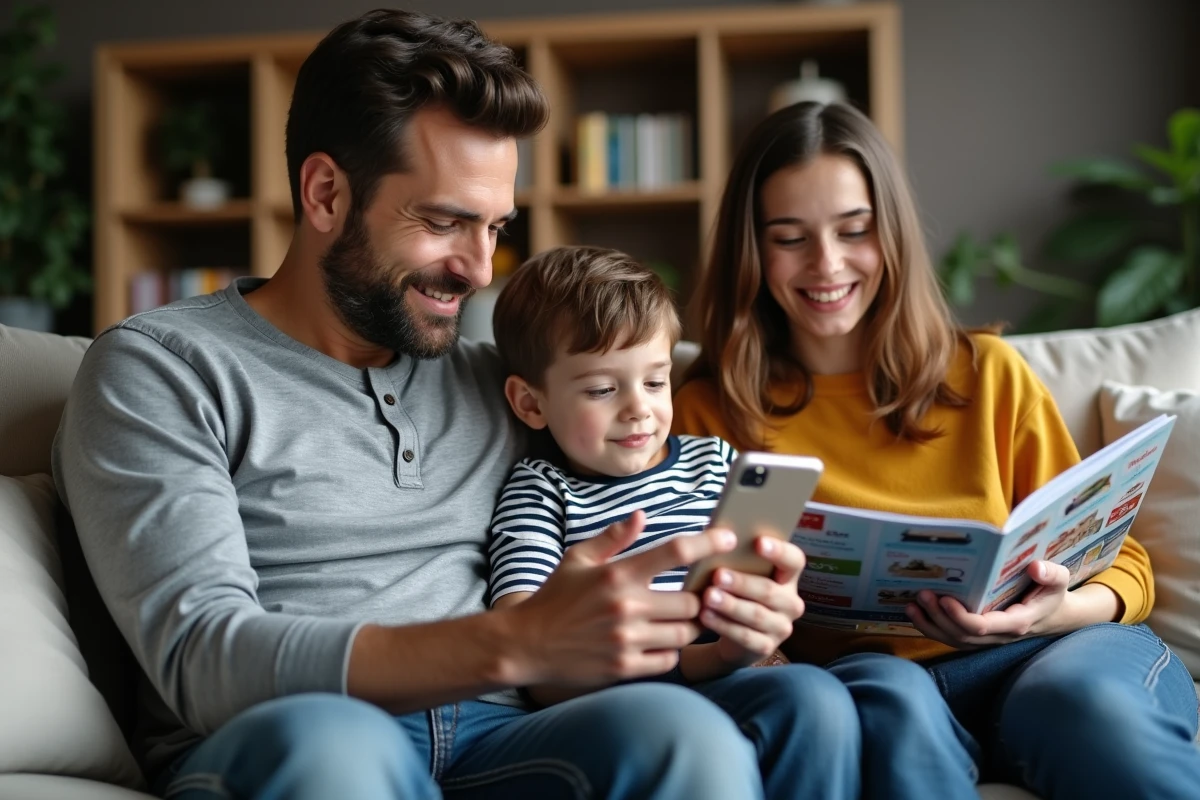 Père et enfants consultant des offres promotionnelles sur smartphone et catalogue pour économiser en famille