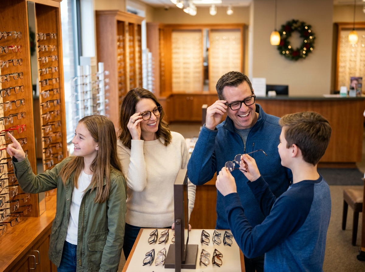 Famille choisissant des montures de lunettes ensemble dans une boutique d'optique avant Noël