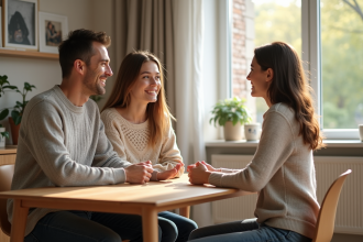 Couple et adolescente discutent à table lumineuse