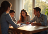 Famille autour d'un dîner discutant d'un relevé scolaire