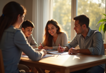 Famille autour d'un dîner discutant d'un relevé scolaire
