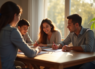 Famille autour d'un dîner discutant d'un relevé scolaire
